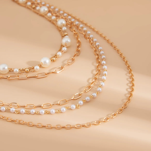 Elegant Imitation Pearl Beaded Multilayer Hiphop Women's Necklace With Geometric Pattern And Cross Chain And Electroplating Design