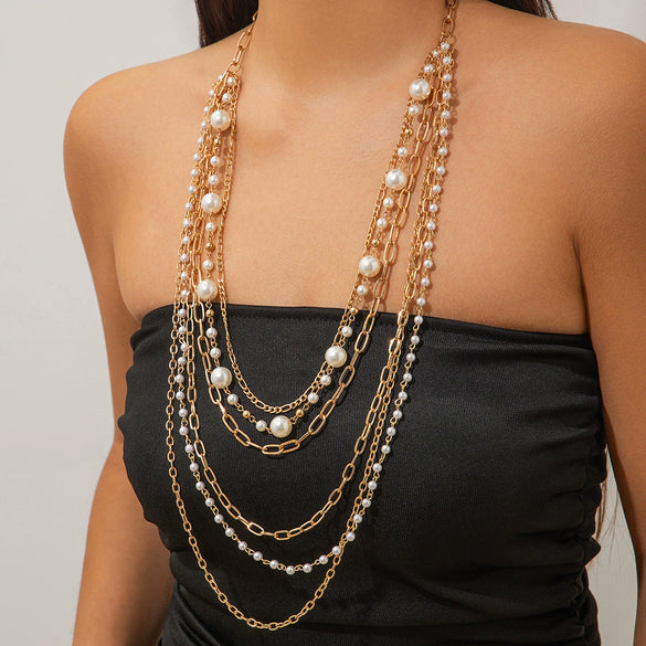 Elegant Imitation Pearl Beaded Multilayer Hiphop Women's Necklace With Geometric Pattern And Cross Chain And Electroplating Design