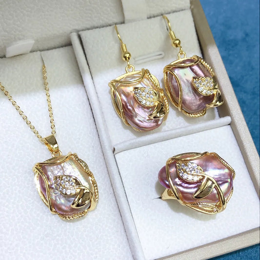 Elegant Irregular Leaf Freshwater Pearl Copper Gold Plated Rings Earrings Necklace In Bulk