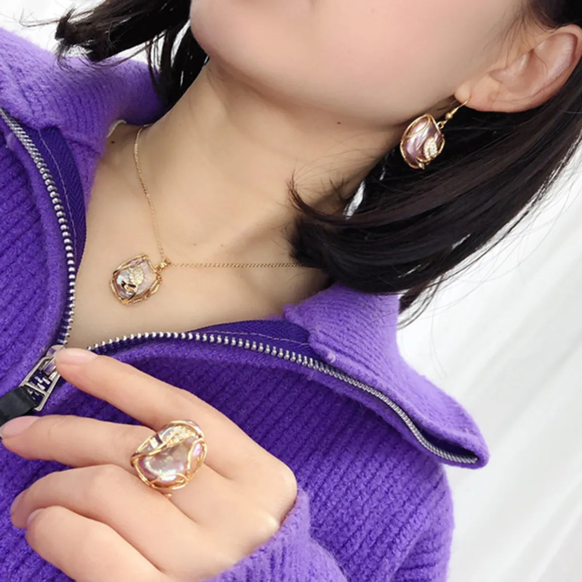 Elegant Irregular Leaf Freshwater Pearl Copper Gold Plated Rings Earrings Necklace In Bulk