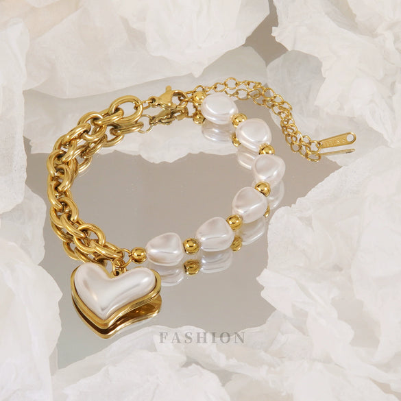 Elegant Irregular Pearl Women's Bracelet In Heart Shape Stainless Steel Vacuum Electroplated 18K Gold Waterproof Colorfree