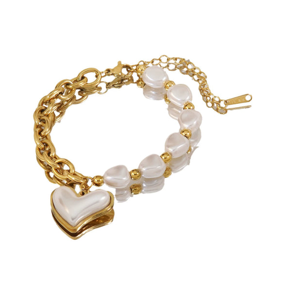 Elegant Irregular Pearl Women's Bracelet In Heart Shape Stainless Steel Vacuum Electroplated 18K Gold Waterproof Colorfree