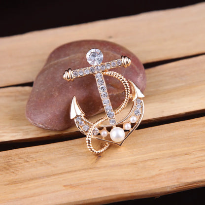 Elegant Korean Style Anchor Alloy Plating Inlay Rhinestones Pearl Women'S Brooches