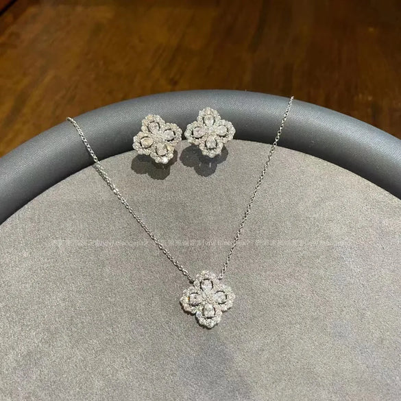 Elegant Korean Style Leaf Titanium Steel Inlay Zircon Earrings Necklace