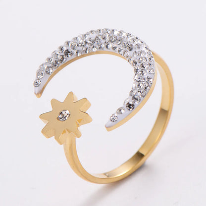 304 Stainless Steel 18K Gold Plated Elegant Korean Style Plating Inlay Star Moon Fish Tail Acrylic Rhinestones Open Ring