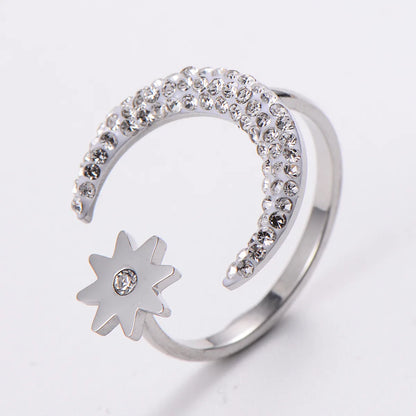 304 Stainless Steel 18K Gold Plated Elegant Korean Style Plating Inlay Star Moon Fish Tail Acrylic Rhinestones Open Ring