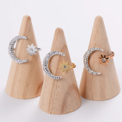 304 Stainless Steel 18K Gold Plated Elegant Korean Style Plating Inlay Star Moon Fish Tail Acrylic Rhinestones Open Ring