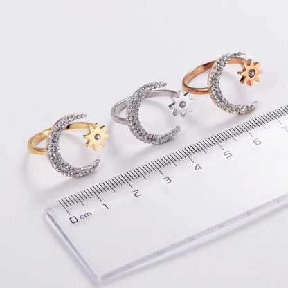 304 Stainless Steel 18K Gold Plated Elegant Korean Style Plating Inlay Star Moon Fish Tail Acrylic Rhinestones Open Ring