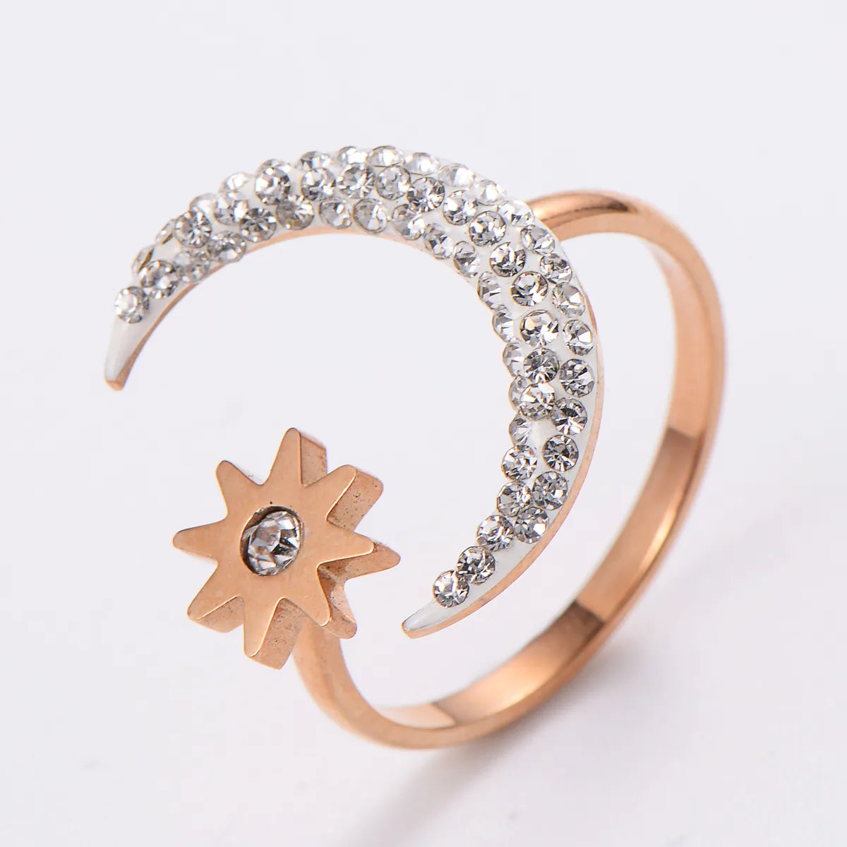 304 Stainless Steel 18K Gold Plated Elegant Korean Style Plating Inlay Star Moon Fish Tail Acrylic Rhinestones Open Ring