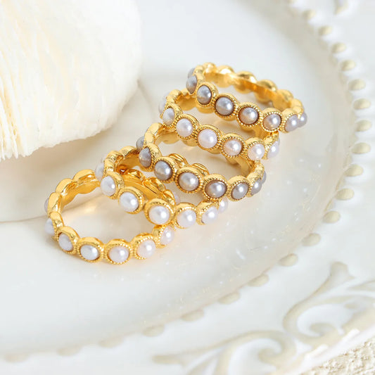 Elegant Lady Baroque Style Geometric Titanium Steel Plating Inlay Artificial Pearls 18k Gold Plated Rings