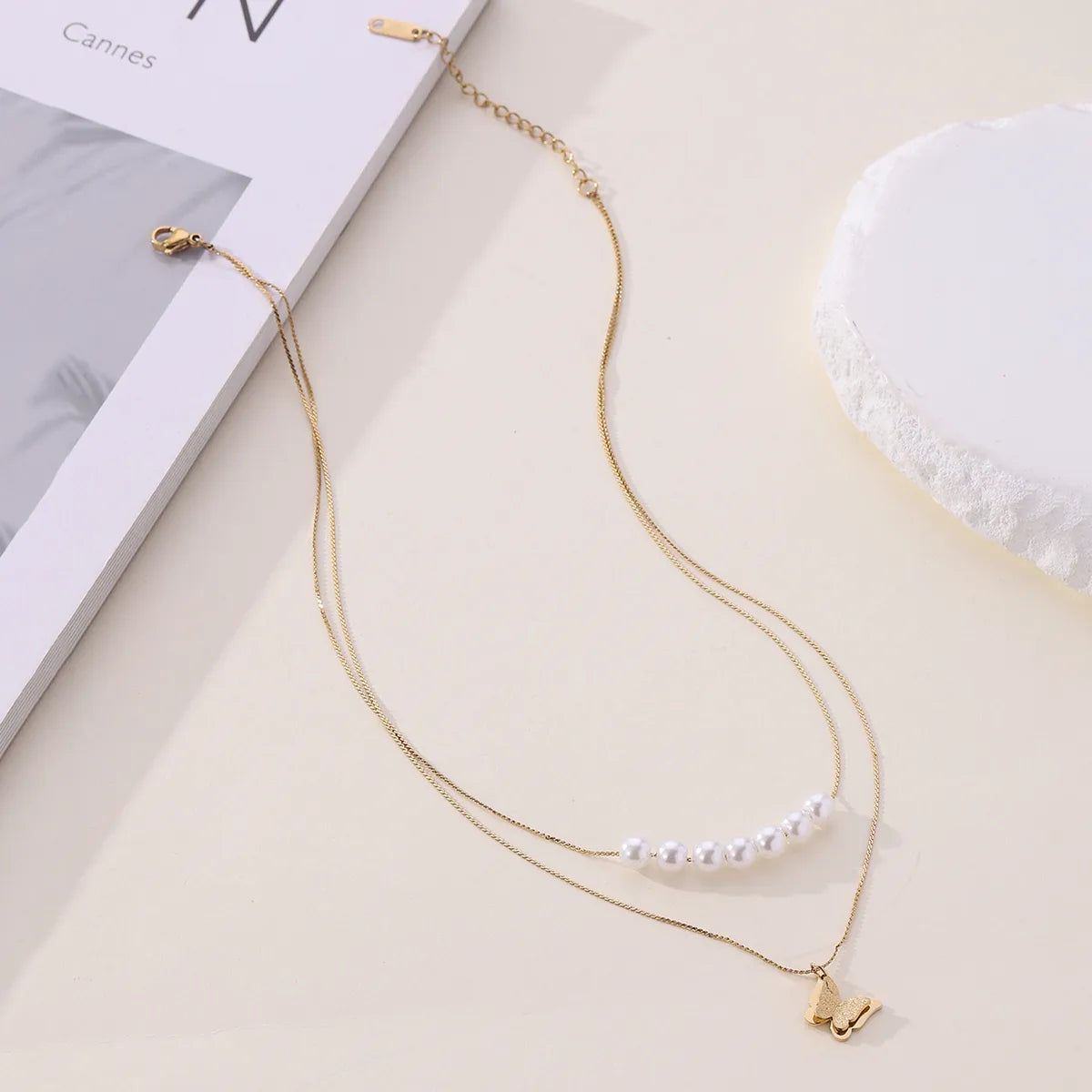 Elegant Lady Classic Style Butterfly Imitation Pearl Plating 18K Gold Plated Women'S Double Layer Necklaces