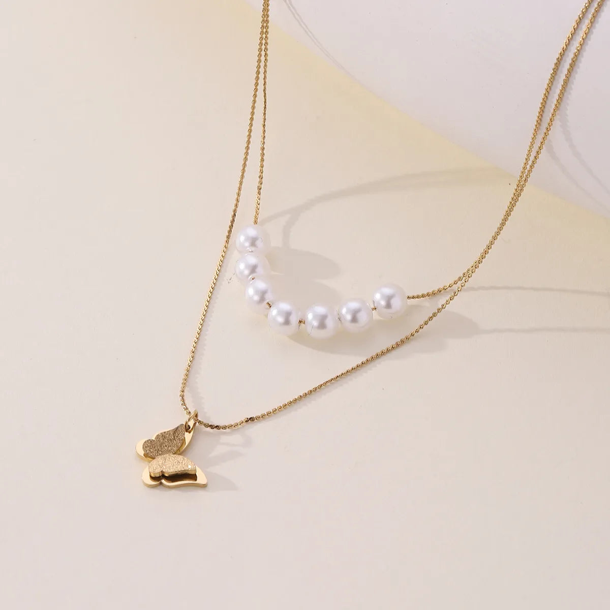 Elegant Lady Classic Style Butterfly Imitation Pearl Plating 18K Gold Plated Women'S Double Layer Necklaces