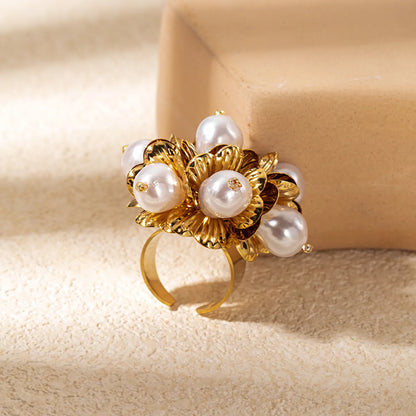 Wholesale Jewelry Elegant Lady Classic Style Flower 304 Stainless Steel Pearl 14K Gold Plated Plating Inlay Open Rings