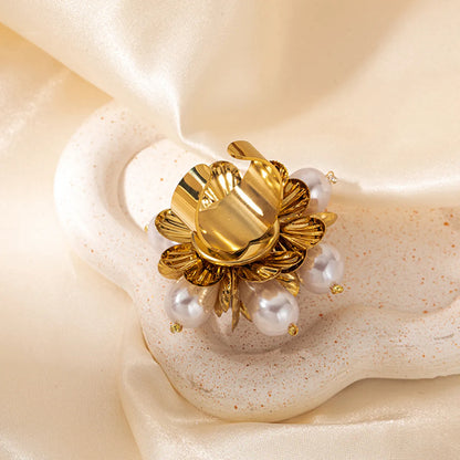 Wholesale Jewelry Elegant Lady Classic Style Flower 304 Stainless Steel Pearl 14K Gold Plated Plating Inlay Open Rings