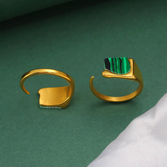 304 Stainless Steel 18K Gold Plated Elegant Lady Classic Style Inlay Geometric Malachite Open Rings