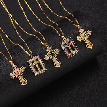 Elegant Lady Cross Copper Plating Inlay Zircon Pendant Necklace