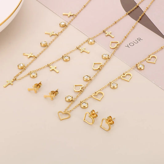 Elegant Lady Cross Heart Shape Solid Color Titanium Steel Polishing Plating 18k Gold Plated Earrings Necklace