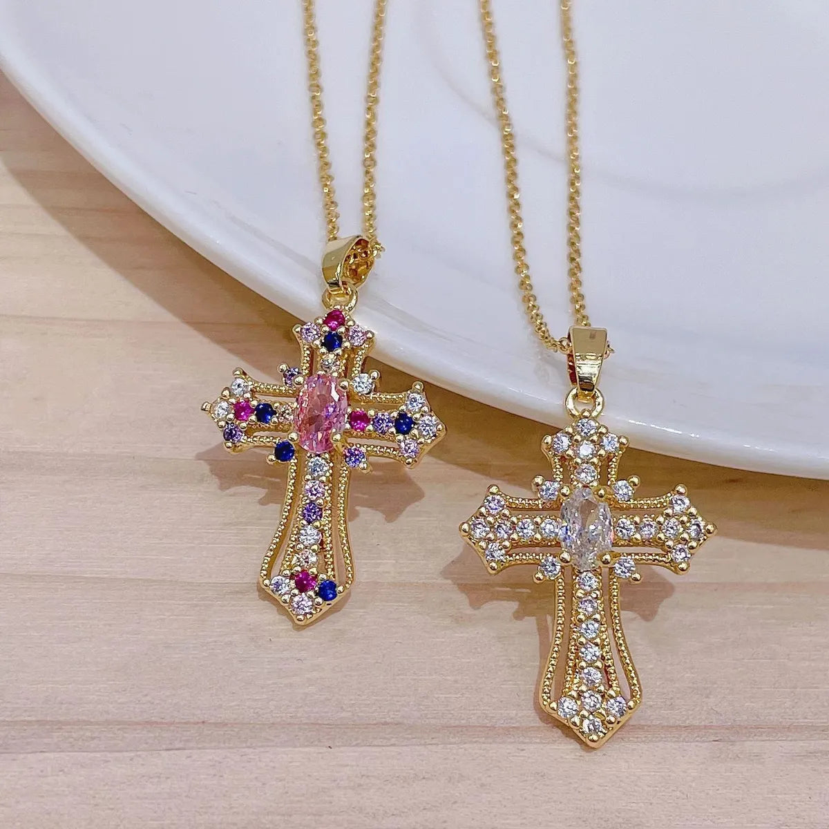 Elegant Lady Cross Alloy Plating Inlay Zircon Women's Pendant Necklace