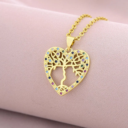 Elegant Lady Devil's Eye Tree Heart Shape Titanium Steel Copper Plating Inlay Zircon 18k Gold Plated Pendant Necklace