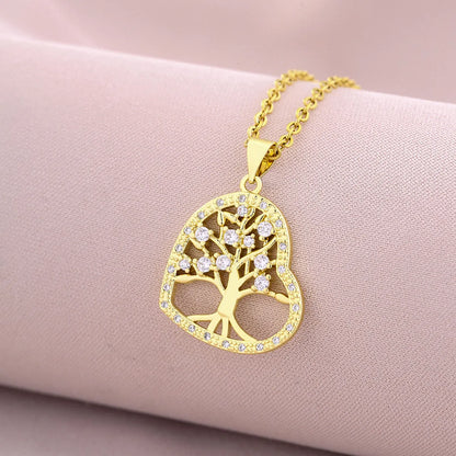 Elegant Lady Devil's Eye Tree Heart Shape Titanium Steel Copper Plating Inlay Zircon 18k Gold Plated Pendant Necklace