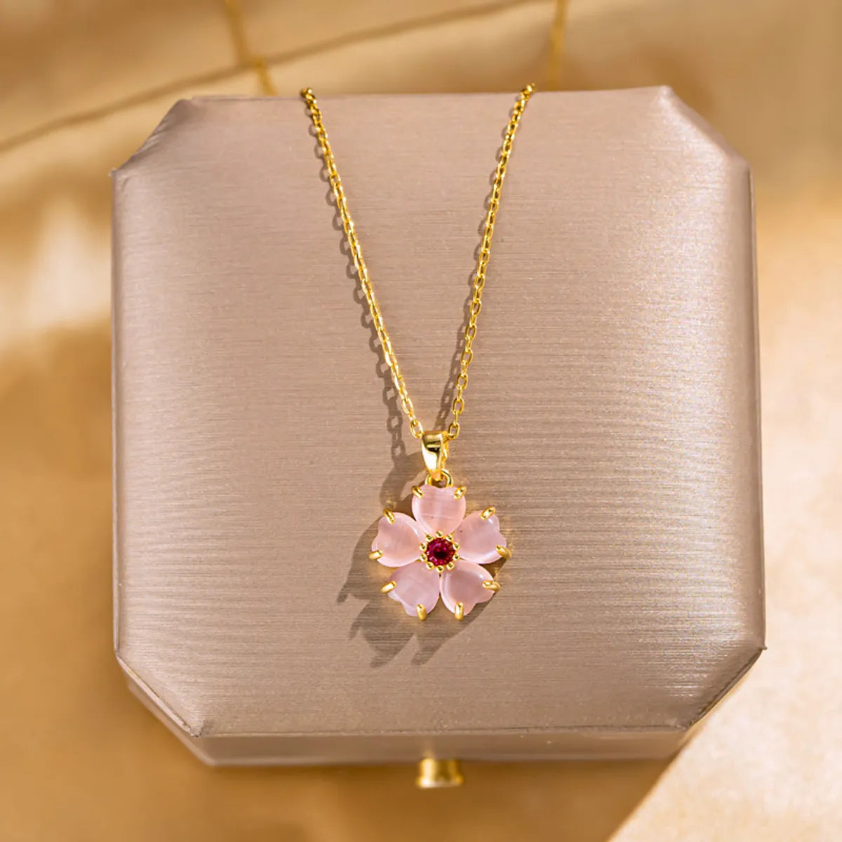 Elegant Lady Flower Titanium Steel Inlay Opal Pendant Necklace