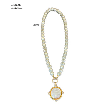 Elegant Lady French Style Round 24K Gold Plated Shell Artificial Pearl Alloy Brass Wholesale Pendant Necklace