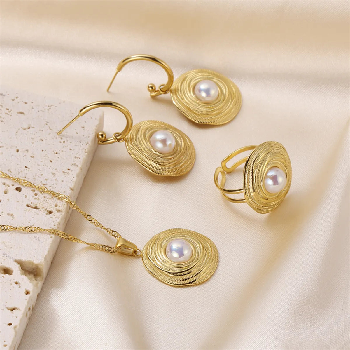 Wholesale Jewelry Elegant Lady Geometric 304 Stainless Steel Pearl 18K Gold Plated Plating Inlay Rings Earrings Necklace