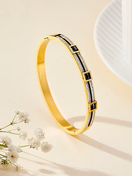 Elegant Lady Geometric Stainless Steel Plating Inlay Zircon 18k Gold Plated Bangle