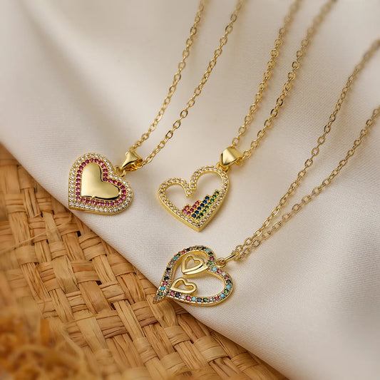 Elegant Lady Heart Shape Copper Plating Inlay Zircon 18k Gold Plated Pendant Necklace