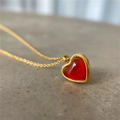 Elegant Lady Heart Shape Stainless Steel Plating Inlay Agate 18k Gold Plated Pendant Necklace