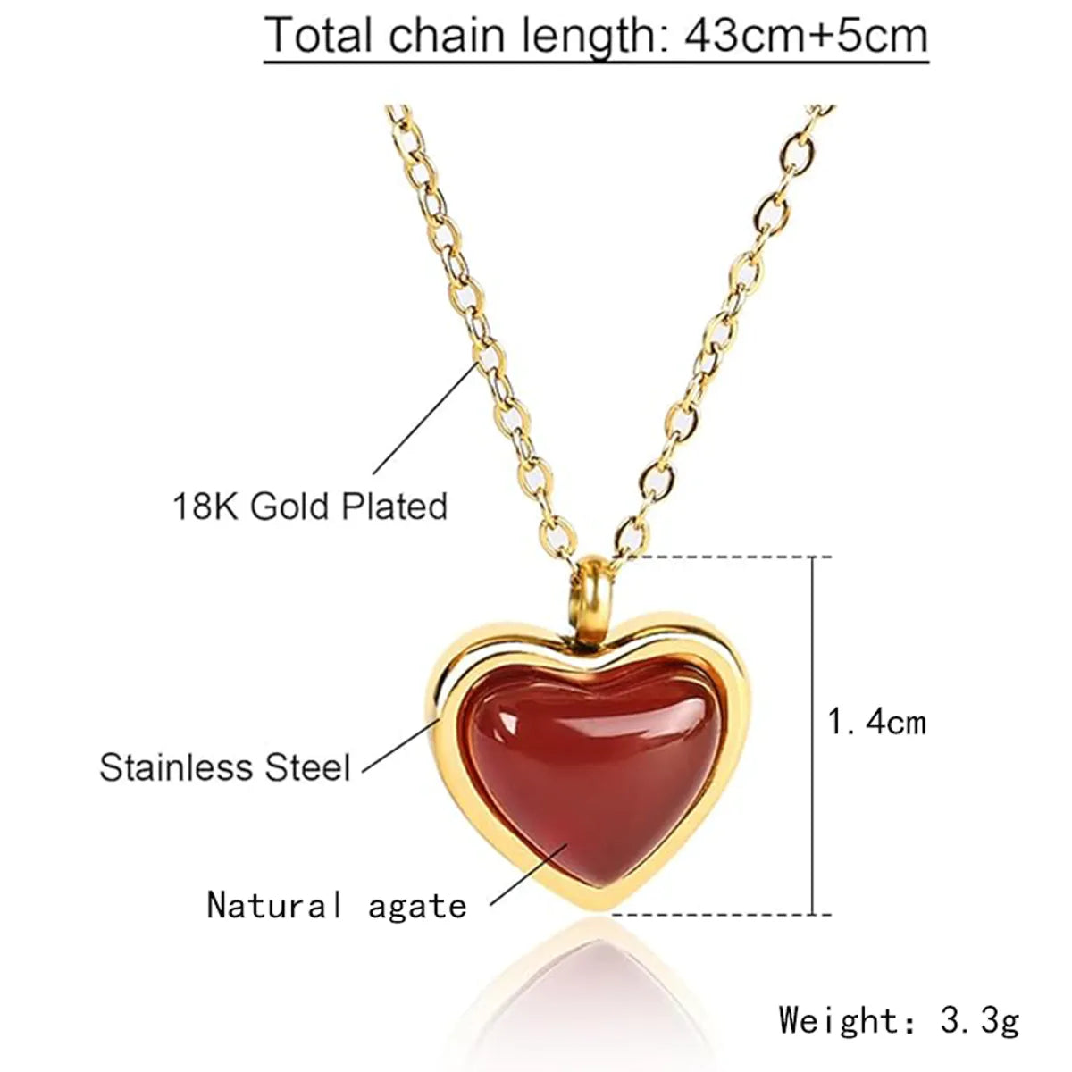 Elegant Lady Heart Shape Stainless Steel Plating Inlay Agate 18k Gold Plated Pendant Necklace