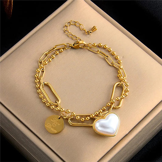 Elegant Lady Heart Shape Titanium Steel Plating Inlay Pearl 18k Gold Plated Bracelets