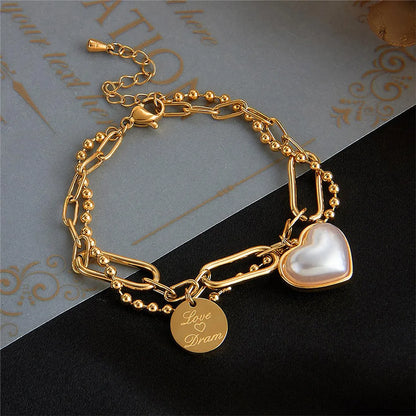 Elegant Lady Heart Shape Titanium Steel Plating Inlay Pearl 18k Gold Plated Bracelets