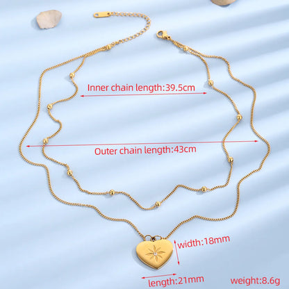 Elegant Lady Heart Shape Titanium Steel Polishing Plating Inlay Zircon 18k Gold Plated Layered Necklaces