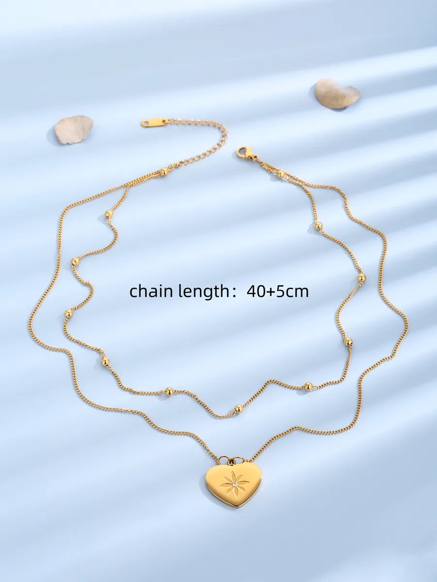 Elegant Lady Heart Shape Titanium Steel Polishing Plating Inlay Zircon 18k Gold Plated Layered Necklaces