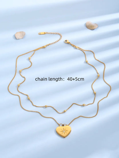 Elegant Lady Heart Shape Titanium Steel Polishing Plating Inlay Zircon 18k Gold Plated Layered Necklaces