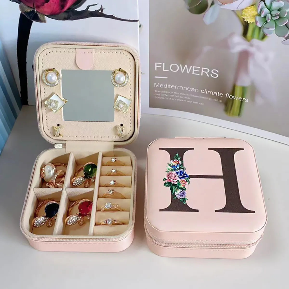 Elegant Lady Letter Flower Pu Leather Jewelry Boxes