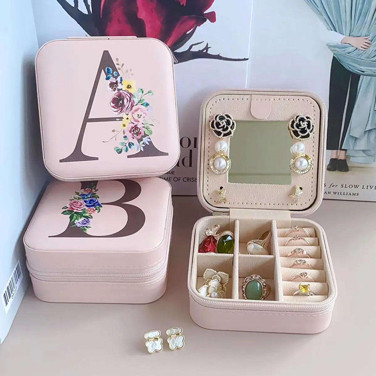 Elegant Lady Letter Flower Pu Leather Jewelry Boxes