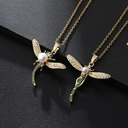 Elegant Lady Simple Style Dragonfly Copper Plating Inlay Artificial Pearls Zircon Pendant Necklace