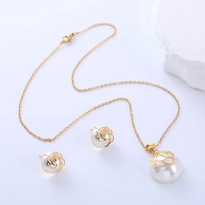 Elegant Lady Simple Style Geometric Stainless Steel Plating Inlay Pearl 18k Gold Plated Earrings Necklace