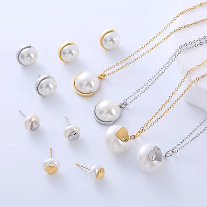 Elegant Lady Simple Style Geometric Stainless Steel Plating Inlay Pearl 18k Gold Plated Earrings Necklace