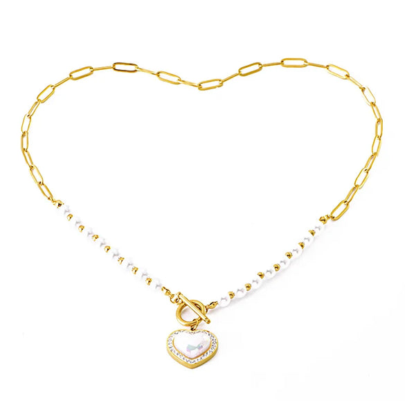 Wholesale Jewelry Elegant Lady Streetwear Heart Shape 304 Stainless Steel Imitation Pearl Imitation Pearl Plating Inlay Pendant Necklace