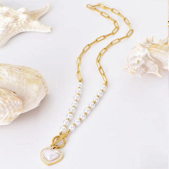 Wholesale Jewelry Elegant Lady Streetwear Heart Shape 304 Stainless Steel Imitation Pearl Imitation Pearl Plating Inlay Pendant Necklace