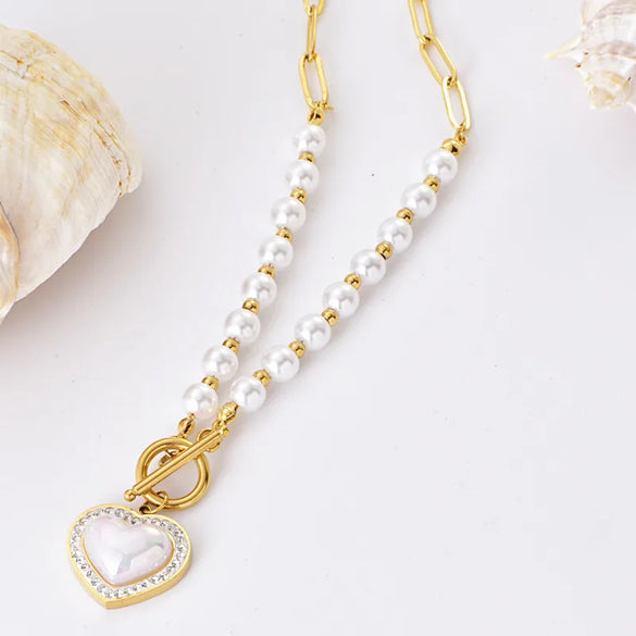 Wholesale Jewelry Elegant Lady Streetwear Heart Shape 304 Stainless Steel Imitation Pearl Imitation Pearl Plating Inlay Pendant Necklace