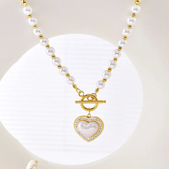 Wholesale Jewelry Elegant Lady Streetwear Heart Shape 304 Stainless Steel Imitation Pearl Imitation Pearl Plating Inlay Pendant Necklace