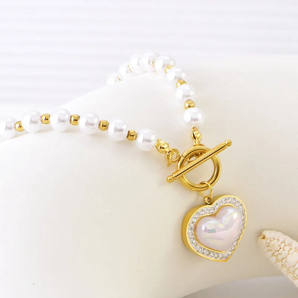 Wholesale Jewelry Elegant Lady Streetwear Heart Shape 304 Stainless Steel Imitation Pearl Imitation Pearl Plating Inlay Pendant Necklace