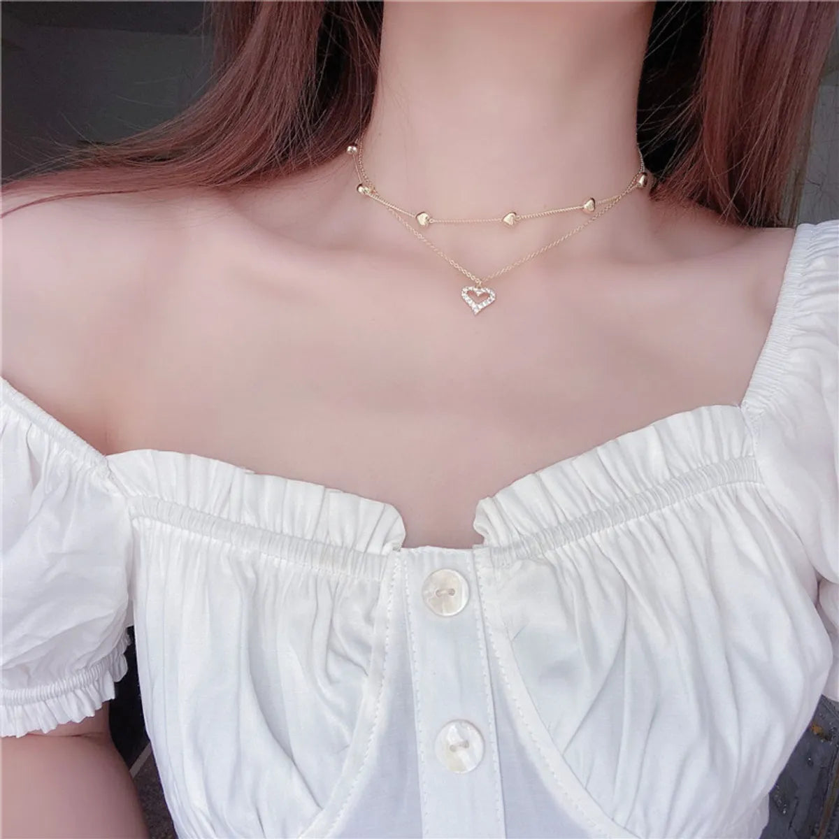 Elegant Lady Streetwear Heart Shape Rhinestones Metal Wholesale Double Layer Necklaces