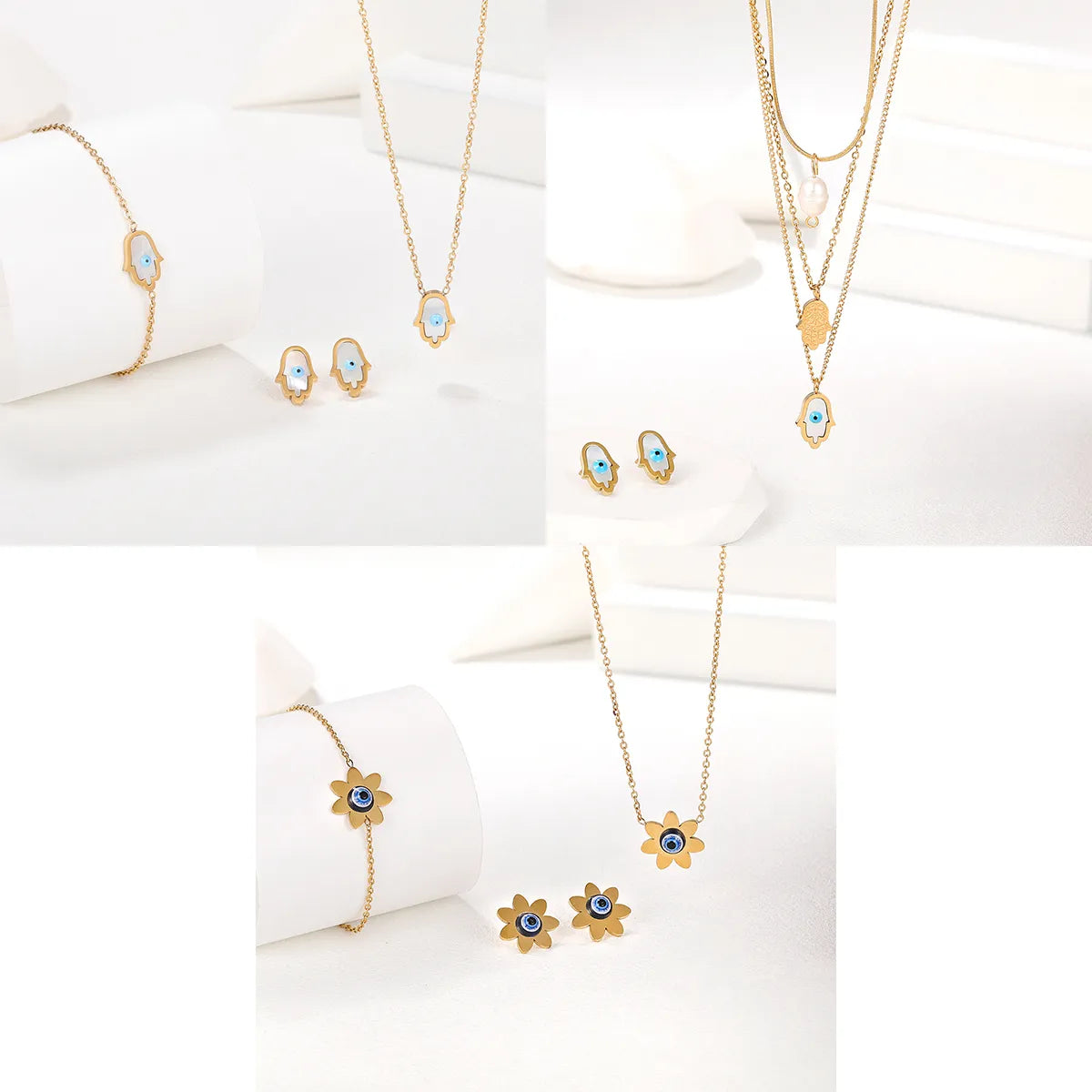 Elegant Lady Sun Palm Stainless Steel Plating Inlay Shell 18k Gold Plated Bracelets Earrings Necklace