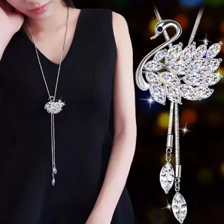 Elegant Lady Swan Gold Plated Silver Plated Artificial Rhinestones Glass Zinc Alloy Wholesale Long Necklace