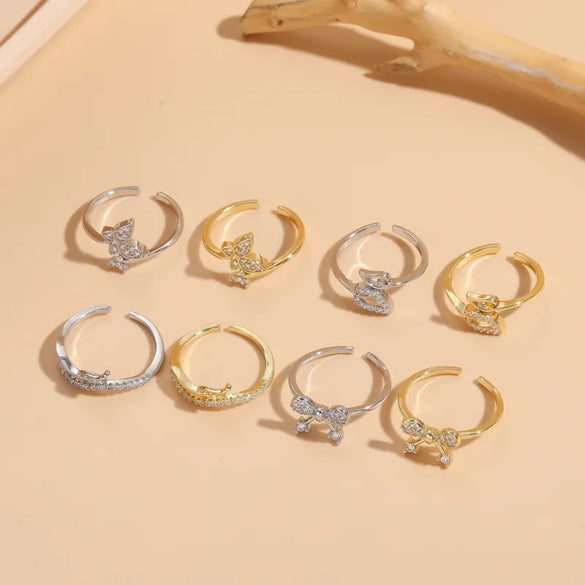 Elegant Leaf Butterfly Bow Knot Copper Inlay Zircon 14k Gold Plated Open Ring